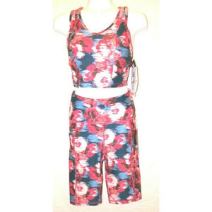 NINE WEST PINK/BLUE/WHITE BRUSHED FLORAL ACTIVEWEAR CROP TOP & BOTTOM SIZE SMALL